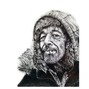 biro drawing of a homelessman with a beard by jess harris artwork