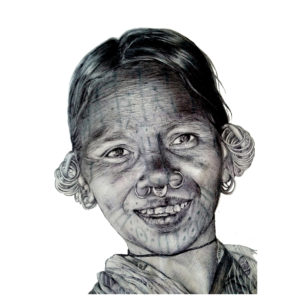 indian girl with face markings in biro by jess harris artwork