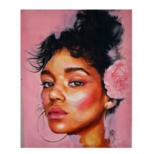 pink girl with rose in her hair by jess harris artwork