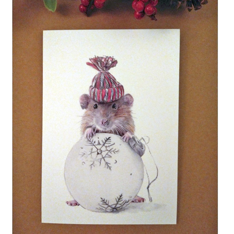 Mouse Christmas Card, Handmade Ballpoint pen/Watercolour