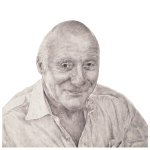 biro drawing of a man in shirt, jess harris artwork
