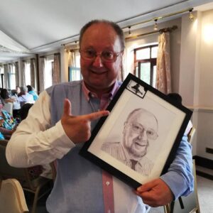 man with his custom biro portrait, jess harris artwork
