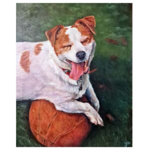dog with ball oil painting, jess harris artwork
